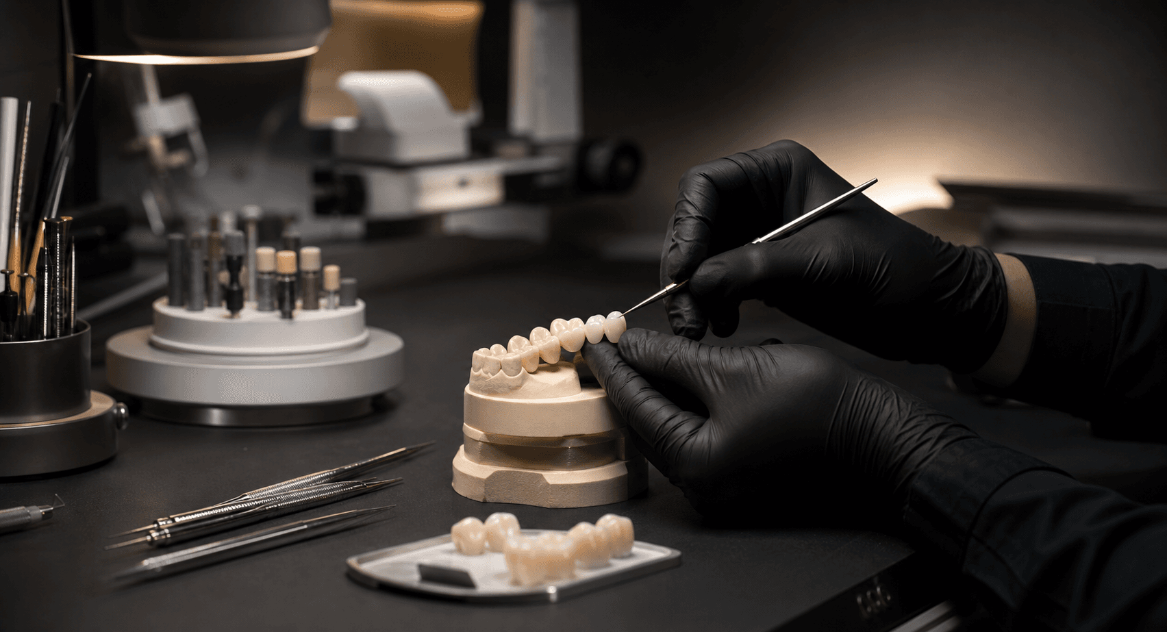 Técnico em laboratório dentário refinando uma prótese cerâmica em bancada de alta precisão